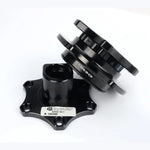 NRG SRK-R200BK-BK SFI Spec 42.1 quick release steering wheel hub with shiny black body and black ring.