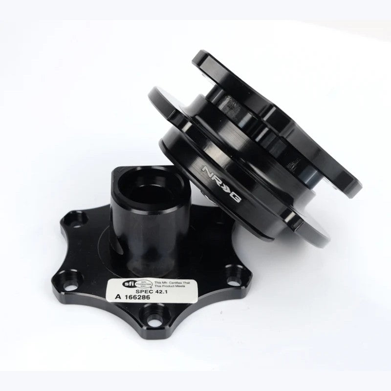 NRG SRK-R200BK-BK SFI Spec 42.1 quick release steering wheel hub with shiny black body and black ring.