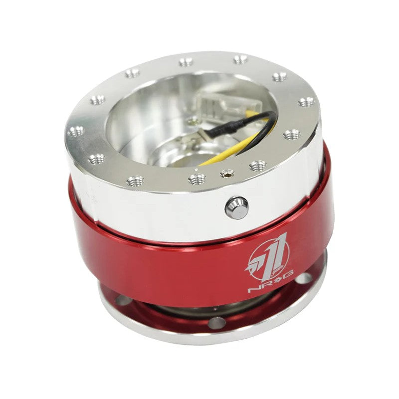 NRG SRK-100RD steering wheel quick release featuring a silver aluminum body and a red chrome release ring.