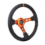 NRG Reinforce 350mm steering wheel in black leather with orange center mark, orange stitching, and 3-inch deep dish.
