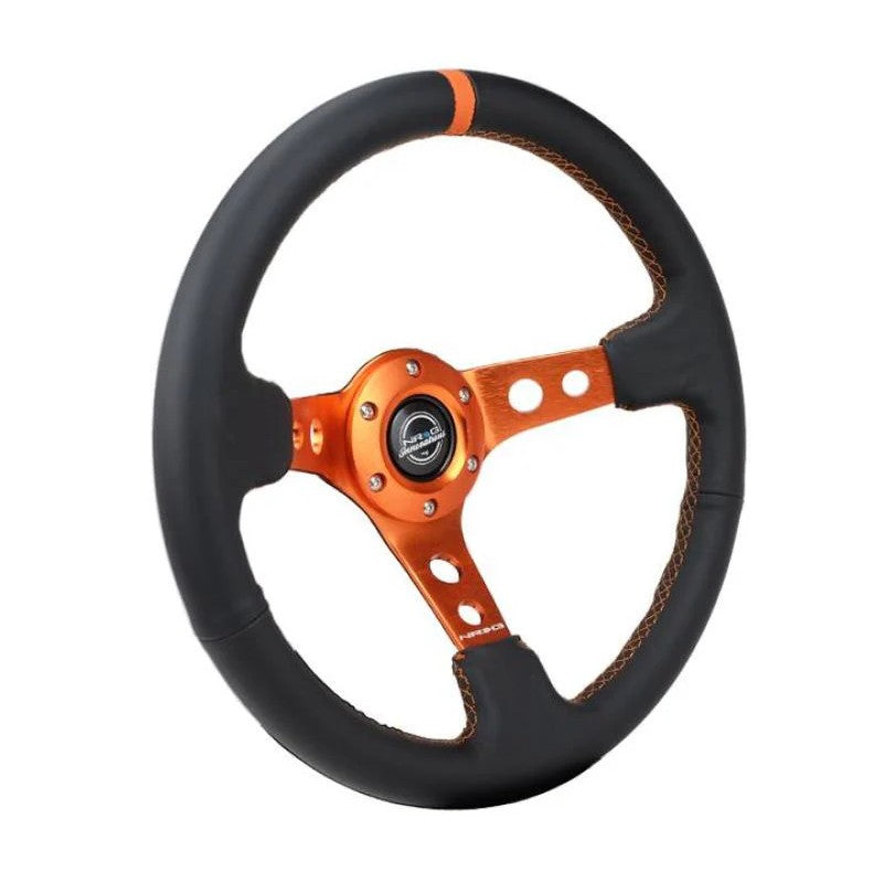 NRG Reinforce 350mm steering wheel in black leather with orange center mark, orange stitching, and 3-inch deep dish.