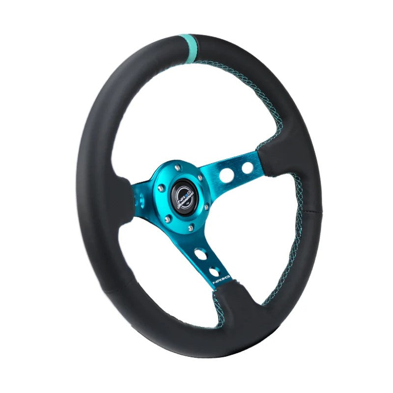 NRG Reinforce 350mm black leather steering wheel with 3-inch deep dish and teal stitching