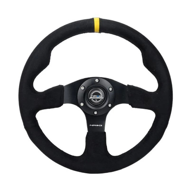 NRG Innovations RST-012SA 320mm reinforced steering wheel with black Alcantara wrap and black stitching.