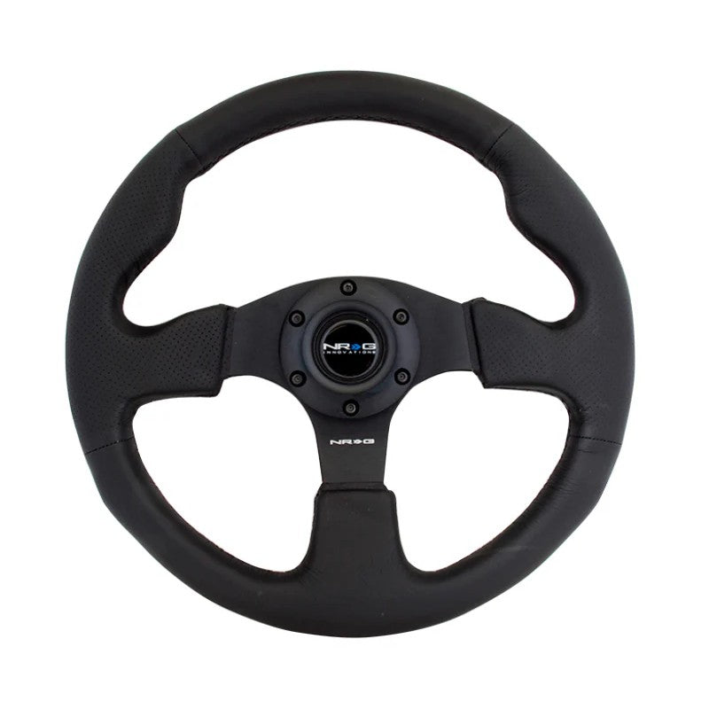 NRG 320mm black leather steering wheel with reinforced frame and black stitching