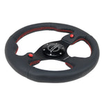 NRG Innovations RST-007R 320mm steering wheel with black leather grip, reinforced spokes, and dual buttons.