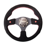 NRG RST-007S 320mm reinforced steering wheel in black suede with dual integrated buttons.