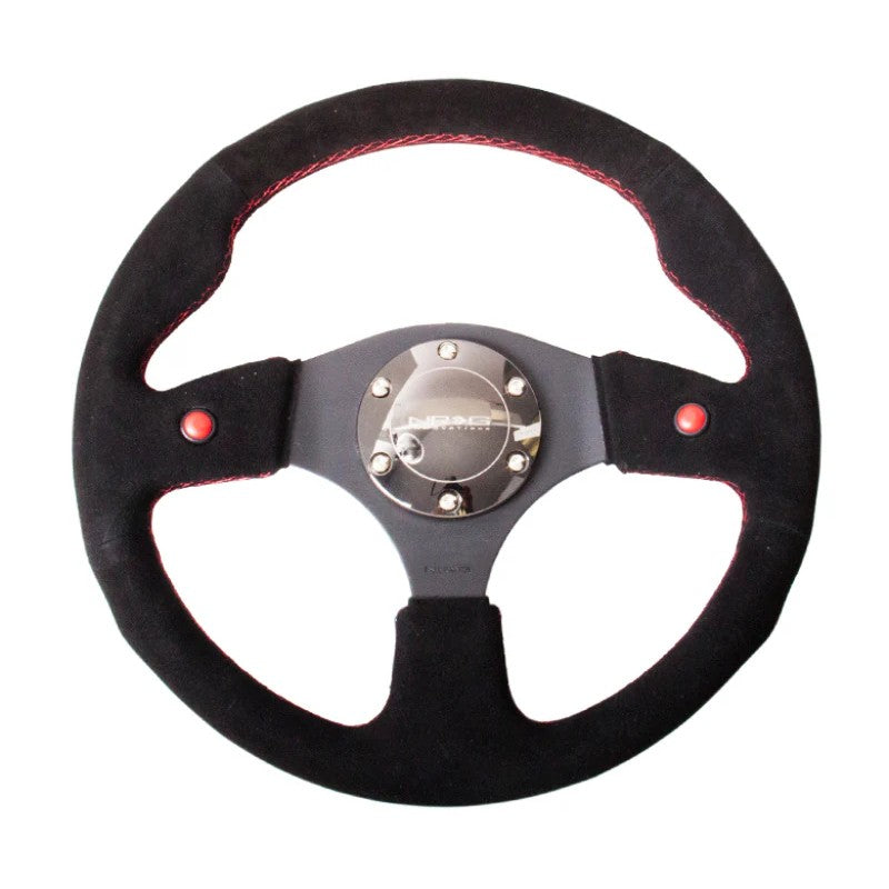 NRG RST-007S 320mm reinforced steering wheel in black suede with dual integrated buttons.