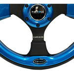 NRG RST-001BL 320mm reinforced steering wheel with black spokes and blue contrast stitching.