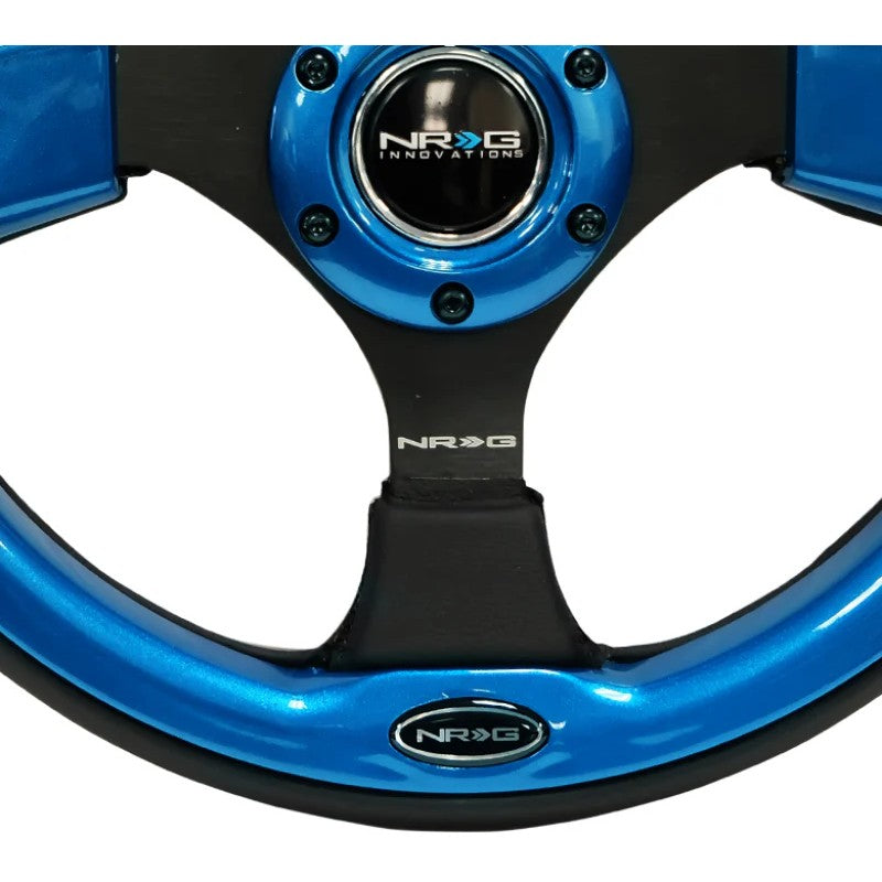 NRG RST-001BL 320mm reinforced steering wheel with black spokes and blue contrast stitching.