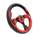 NRG RST-001RD 320mm reinforced steering wheel featuring 5mm thick black 3-spoke design and red trim accents.