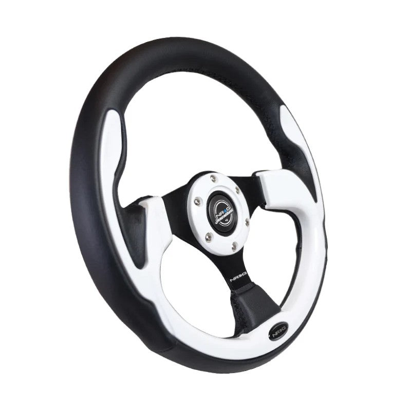 NRG 320mm black reinforced 3-spoke steering wheel with white trim and 4mm thick frame construction.