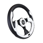NRG 320mm black reinforced 3-spoke steering wheel with white trim and 4mm thick frame construction.