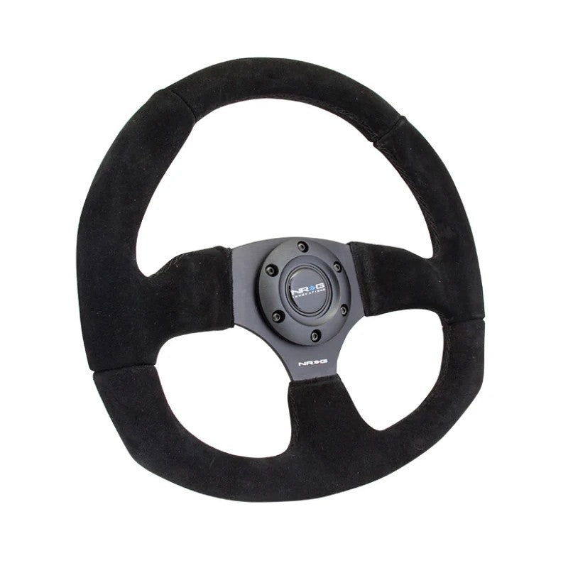 NRG RST-009S reinforced black suede steering wheel with black stitching and three-spoke center frame.