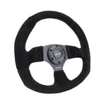 NRG RST-009S reinforced black suede steering wheel with black stitching and three-spoke center frame.
