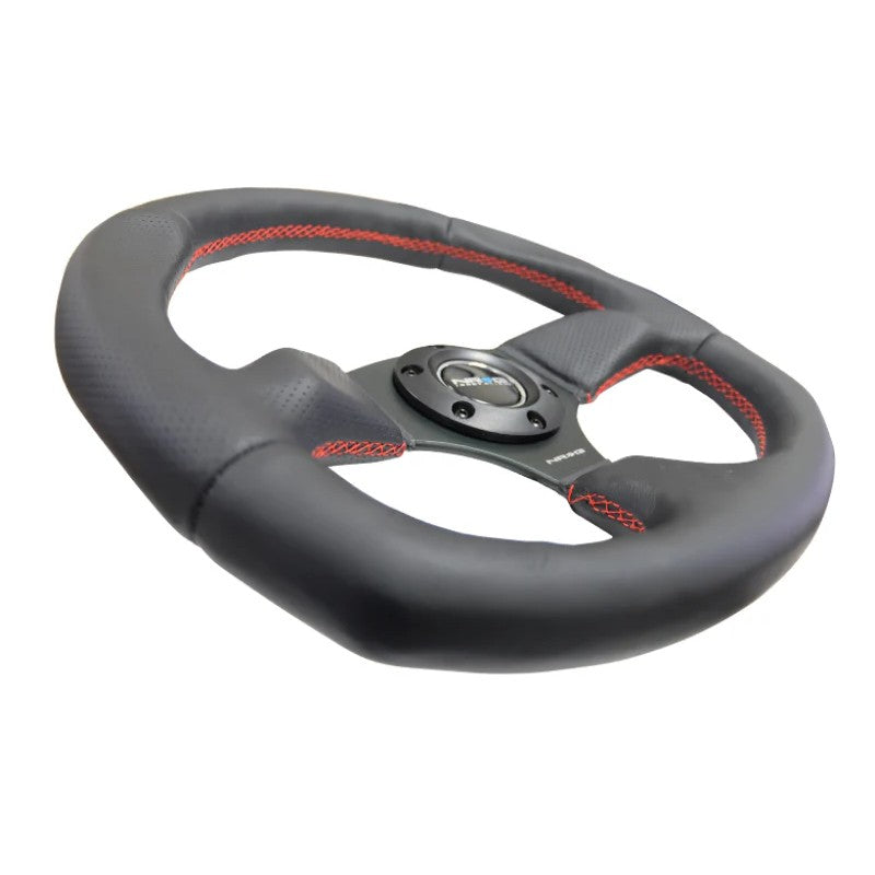 NRG RST-009R-RS steering wheel featuring black leather wrap, red stitching, and a reinforced 3-spoke center frame.