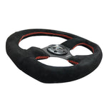NRG Reinforced Suede Steering Wheel with red contrast stitching and a 320mm by 330mm oval rim profile.