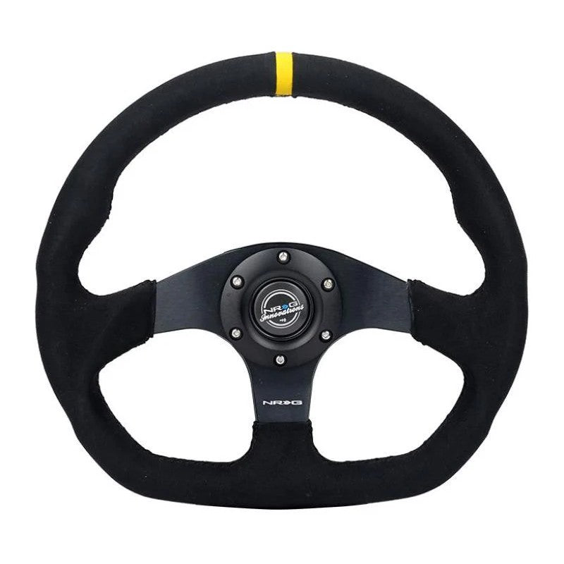 NRG 320mm Alcantara flat-bottom steering wheel with dual integrated buttons and yellow center alignment stripe.