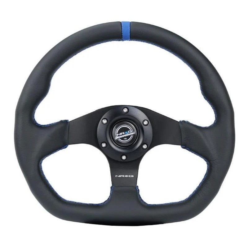 NRG 320mm Reinforced sport leather steering wheel with a flat bottom design, blue center mark, and blue stitching.