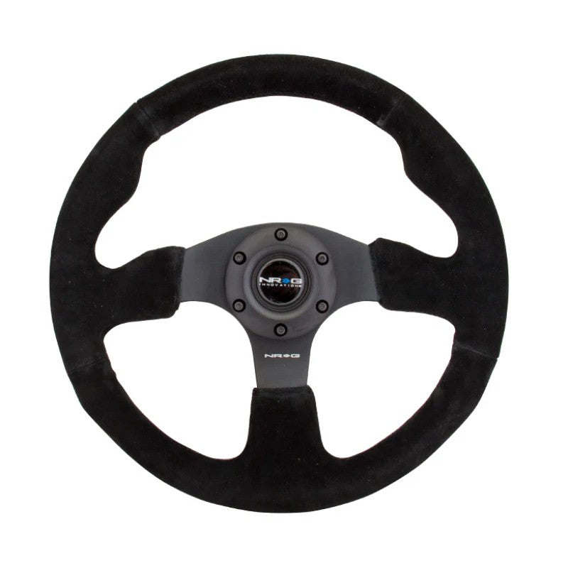 NRG RST-012S 320mm steering wheel with black suede grip, reinforced frame, and black stitching.