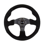 NRG RST-012S 320mm steering wheel with black suede grip, reinforced frame, and black stitching.