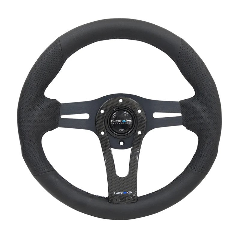 NRG Reinforced 320mm steering wheel with carbon fiber center spoke and 6-bolt mounting pattern.