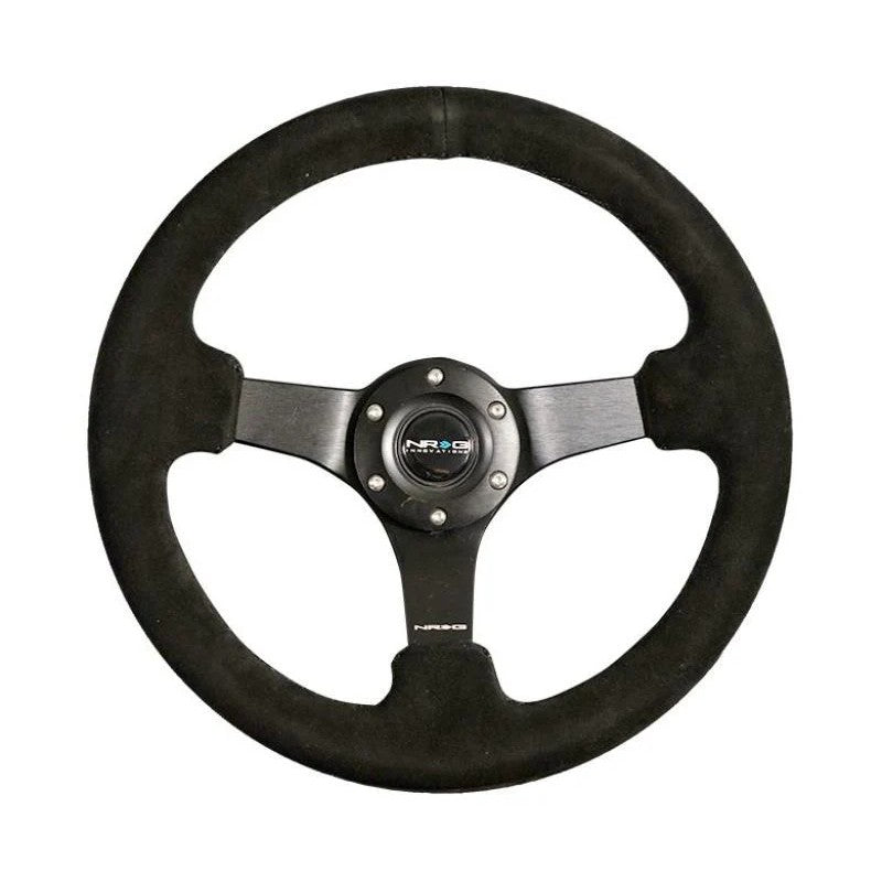 NRG 330mm reinforced steering wheel with 3-inch deep dish, black suede grip, and black 3-spoke center.
