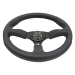 350mm NRG Reinforced steering wheel with black leather comfort grip and 2.5-inch deep dish 5mm matte black spokes.