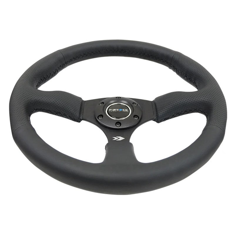 350mm NRG Reinforced steering wheel with black leather comfort grip and 2.5-inch deep dish 5mm matte black spokes.