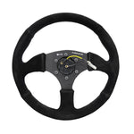 NRG 350mm reinforced steering wheel with 5mm matte black spokes and black suede comfort grip rim.