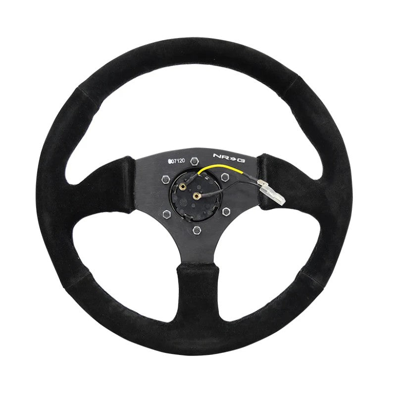 NRG 350mm reinforced steering wheel with 5mm matte black spokes and black suede comfort grip rim.