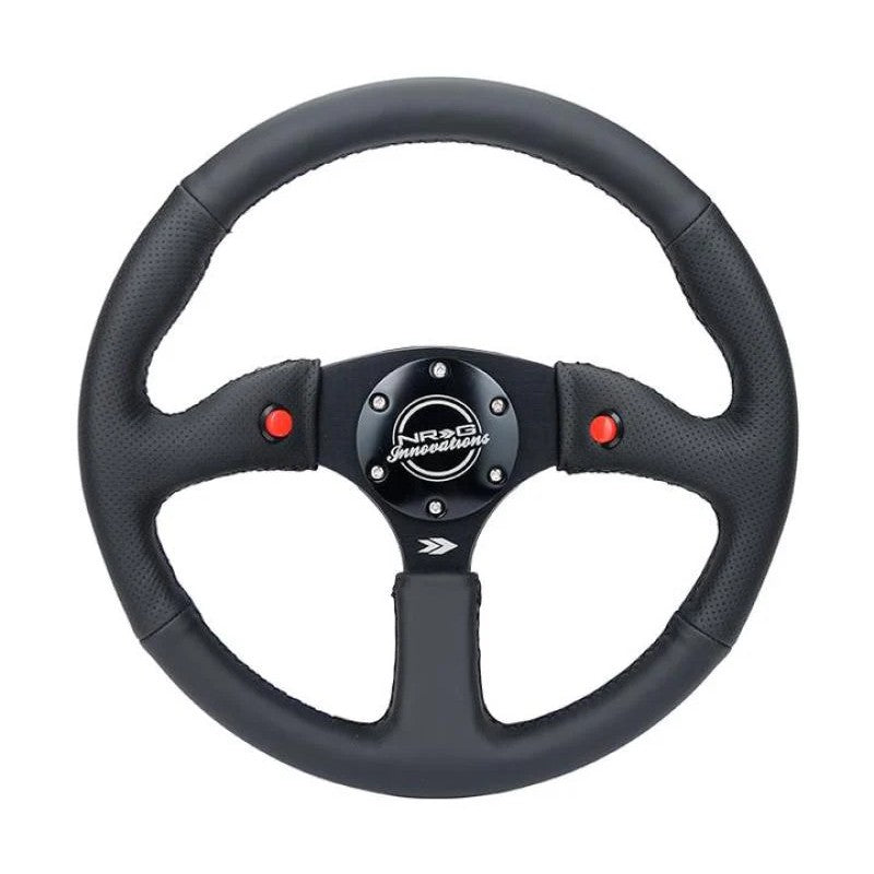 NRG 350mm sport leather steering wheel with 2.5 inch deep dish and 4mm matte black reinforced spokes.