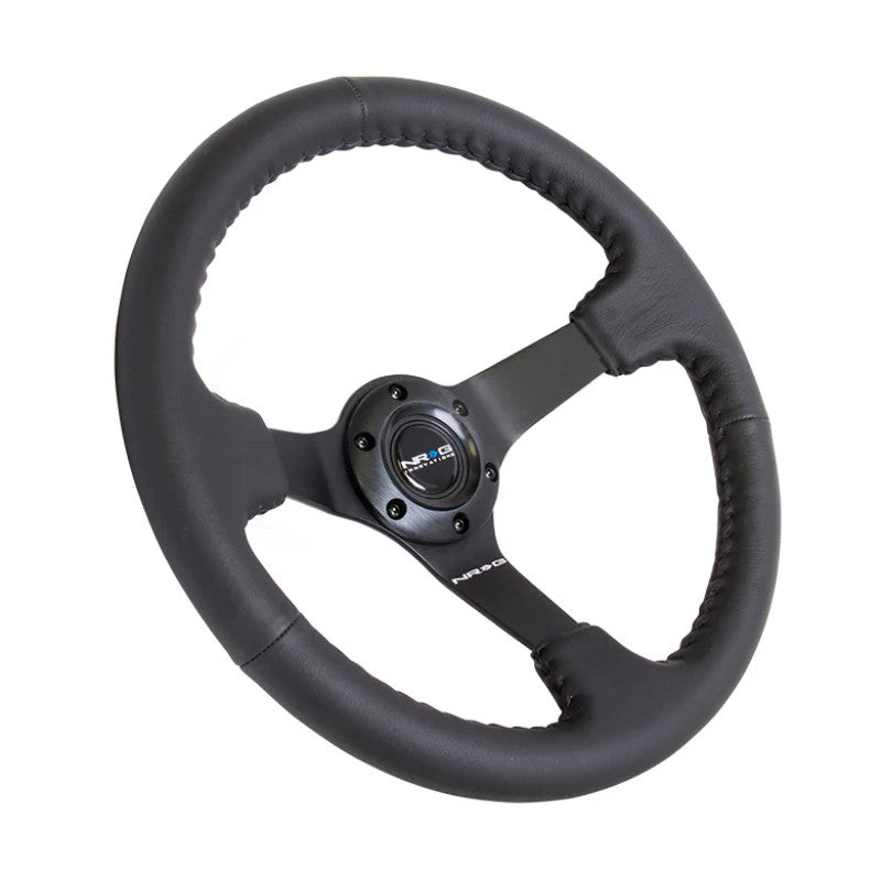 NRG RST-036MB-R 350mm reinforced steering wheel with black leather, 3-inch deep dish, and black basketball stitching.