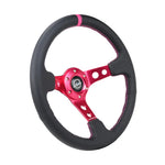 NRG RST-006FH reinforced 350mm steering wheel featuring black leather, 3-inch deep dish, and fuchsia stitching.