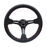 NRG 350mm black leather deep dish steering wheel with red stitching and slotted black spokes.
