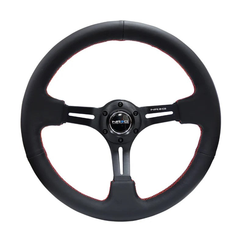 NRG 350mm black leather deep dish steering wheel with red stitching and slotted black spokes.