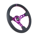 NRG RST-006PP 350mm steering wheel featuring black leather, 3-inch deep dish, and purple anodized center spokes.