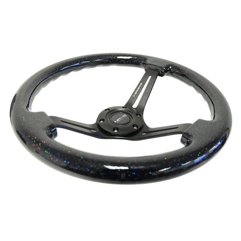 NRG RST-018BSB-BK 350mm steering wheel with black multi-color flake wood rim and 3-inch deep matte black spokes