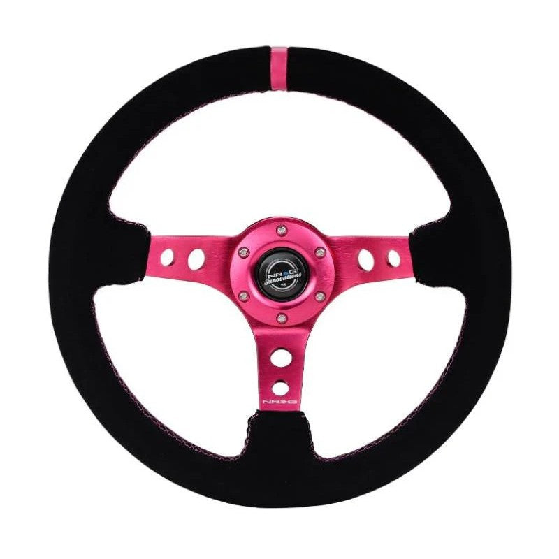 NRG 350mm black suede steering wheel with 3-inch deep dish, fuchsia center mark, and fuchsia stitching.