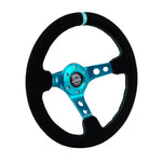 NRG RST-006S-TL black suede steering wheel with 3-inch deep dish and teal stitching