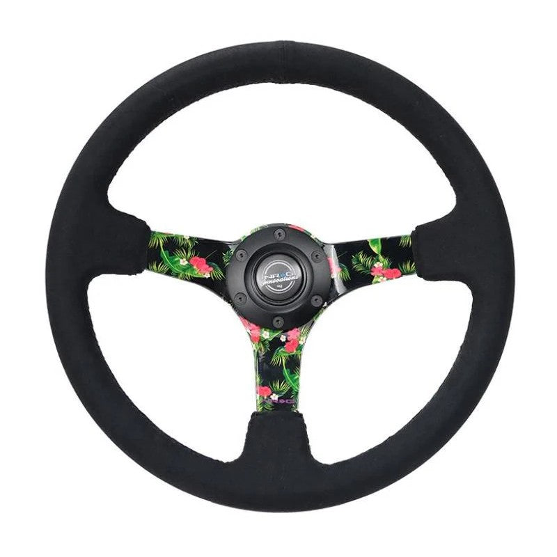 NRG RST-036TROP-S steering wheel in black suede with a 350mm 3-inch deep dish and 5mm floral pattern 3-spoke center.