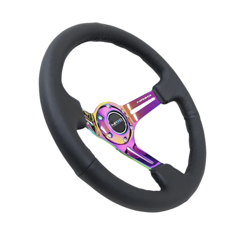 NRG RST-018R-MCBS 350mm reinforced steering wheel with black leather, black stitching, and neochrome center spokes with slits