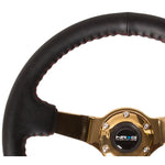 NRG 350mm reinforced steering wheel featuring black leather, red baseball stitching, and 3-inch deep gold spokes.