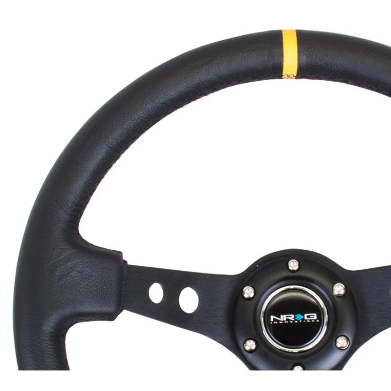 NRG 350mm deep dish steering wheel in black leather with three black cutout spokes and a yellow center orientation mark.