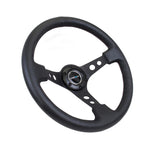NRG 350mm black leather steering wheel with 3-inch deep dish and black spokes featuring circle cutouts.