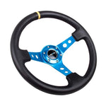 NRG 350mm black leather steering wheel with blue cutout spokes, 3-inch deep dish, and a yellow center stripe.