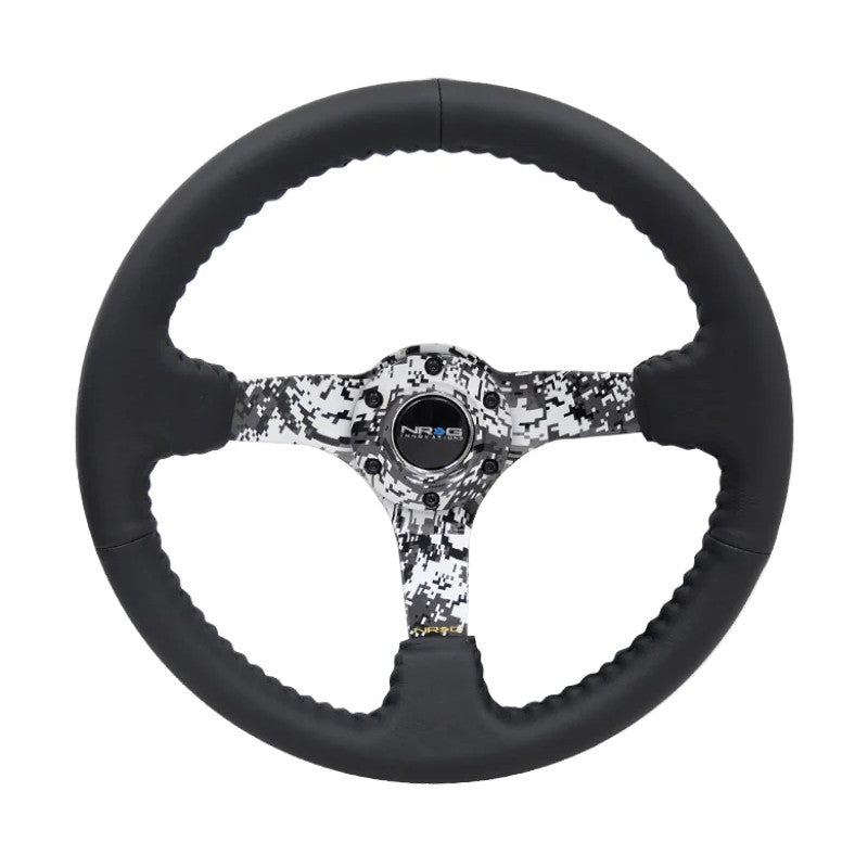 NRG 350mm reinforced steering wheel with black leather grip and digital camo hydrodipped 3-inch deep spokes