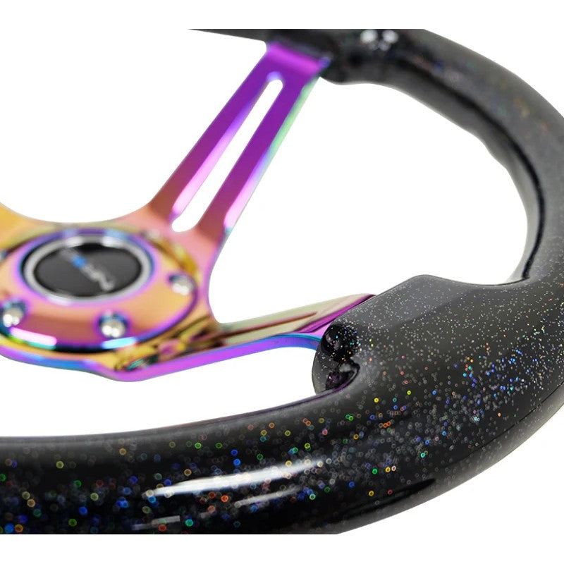 NRG 350mm reinforced steering wheel with black multi-color flake finish, 3-inch deep dish, and neochrome center mark.