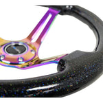 NRG 350mm reinforced steering wheel with black multi-color flake finish, 3-inch deep dish, and neochrome center mark.