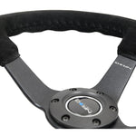 NRG 350mm deep dish steering wheel featuring black suede grip, black baseball stitching, and matte black 5mm spokes.