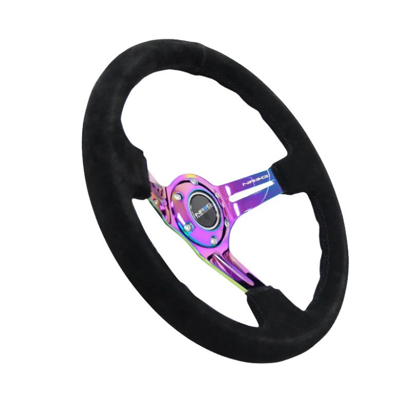 NRG 350mm reinforced deep dish steering wheel in black suede with black stitching and neochrome slit spokes